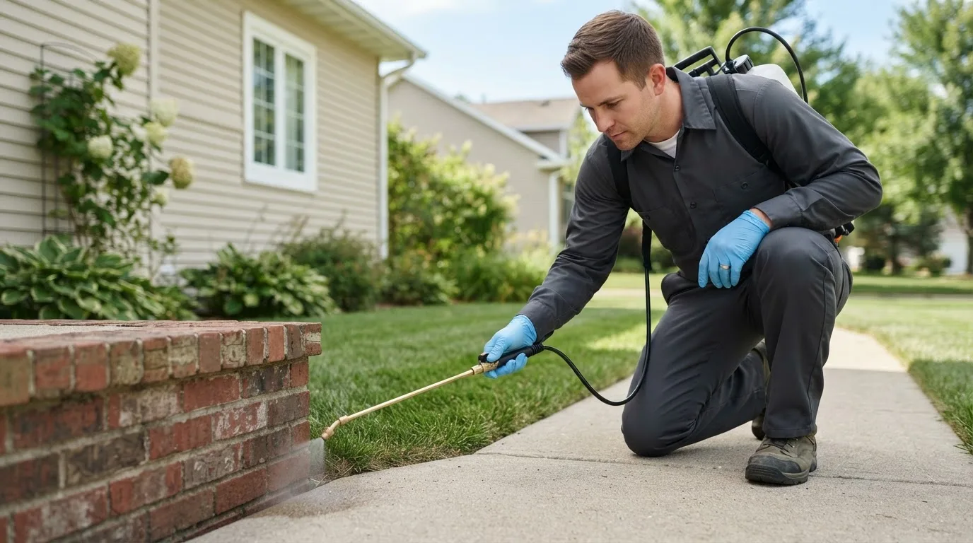 Pest control technician treating a home near Northwood, IA