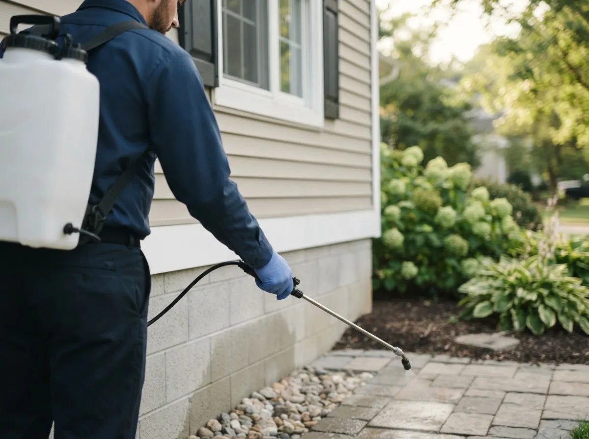 Pest control technician inspecting a home in Northwood, IA